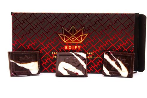 feature image Edify - Edibles - 200mg THC Dark Chocolate Bar with Raspberry Swirl 10pcs, 20mg per - 85g Net
